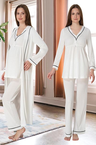 Lohussa Women's Ecru Special Design Cotton Long Sleeve Maternity Maternity Dressing Gown Pajama Set Set