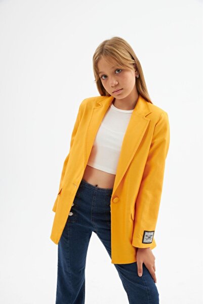 Hilal Akıncı Kids Girl's Logo Detailed Solid Color Blazer Jacket Buttoned Wide Leg Jeans 2-Piece Set