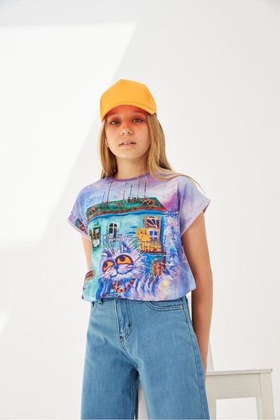 Hilal Akıncı Kids Girl's Patterned Oversize T-Shirt Wide Leg Blue Jeans