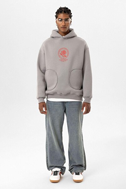 VAMOSCLO سويت شيرت رمادي بجيب مطبوع كبير الحجم