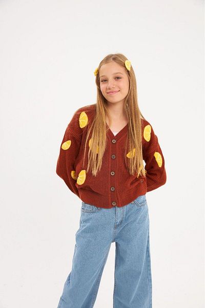 Hilal Akıncı Kids Girl's Embroidered Lemon Motif Knitwear Cardigan Wide Leg Jeans Hairpin Set of 3