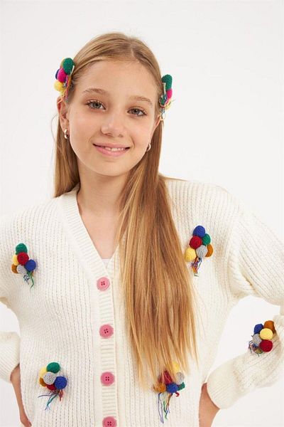 Hilal Akıncı Kids Girl's Embroidered Balloon Embroidered White Knitwear Cardigan Colorful Pants Hair Clip Set of 3