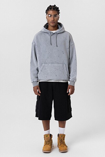 VAMOSCLO Premıum Yıkamalı Kapüşonlu Oversize Sweatshirt Gri