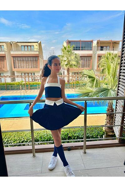 Hilal Akıncı Kids Strappy Crop and Waist Collar Detailed Skirt 2 Piece Girl's Suit