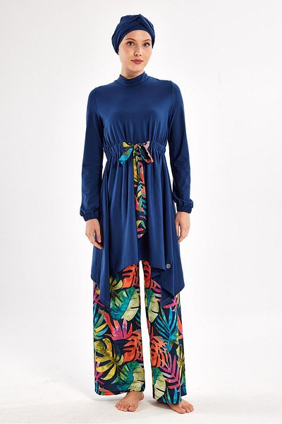 Adasea Navy Blue Women's Bloom Long Sleeve Hijab Swimsuit