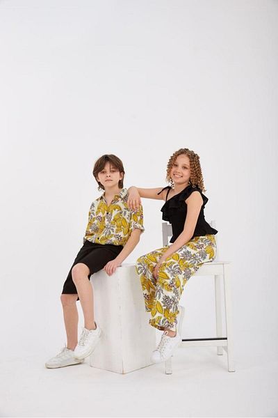 Hilal Akıncı Kids Girl's One Shoulder Black Blouse Patterned Trousers 2-Piece Set