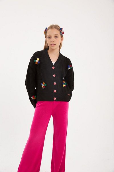 Hilal Akıncı Kids Girl's Embroidered Balloon Embroidered Black Knitwear Cardigan Colorful Pants Hair Clip Set of 3