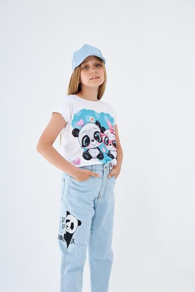 Hilal Akıncı Kids Tricou cu model pentru fete Pantaloni din denim cu imprimeu panda Pălărie albastră Set 3 piese