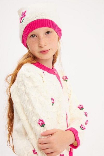 Hilal Akıncı Kids Girl's Flower Embroidered Knitwear Cardigan Colorful Trousers Beret 3 Piece Set