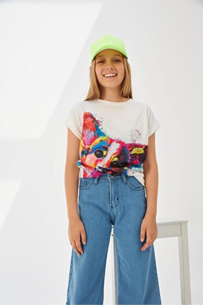 Hilal Akıncı Kids Girl's Patterned Oversize T-Shirt Wide Leg Blue Denim Trousers Hat 3-Piece Set