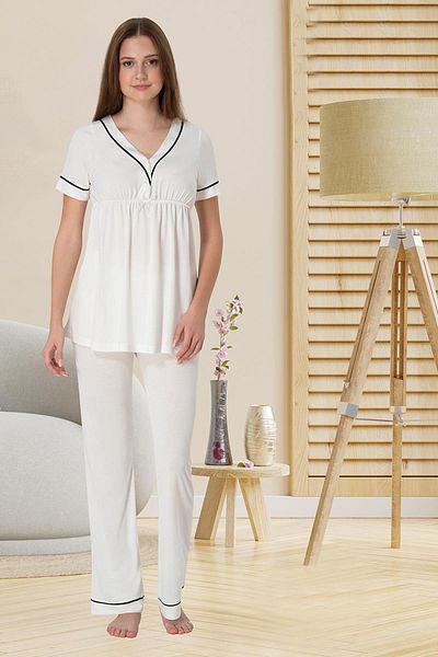Lohussa Women's Ecru Special Design Strappy Cotton Maternity Maternity Dressing Gown Pajama Set Set