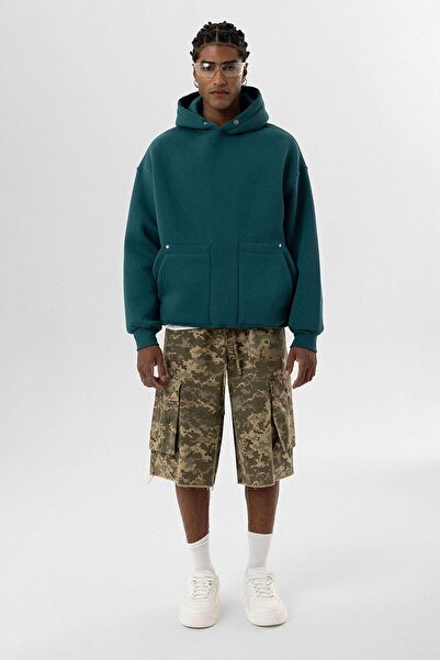 VAMOSCLO سويت شيرت بغطاء للرأس مقاس كبير مع تفاصيل جيب باللون البترولي