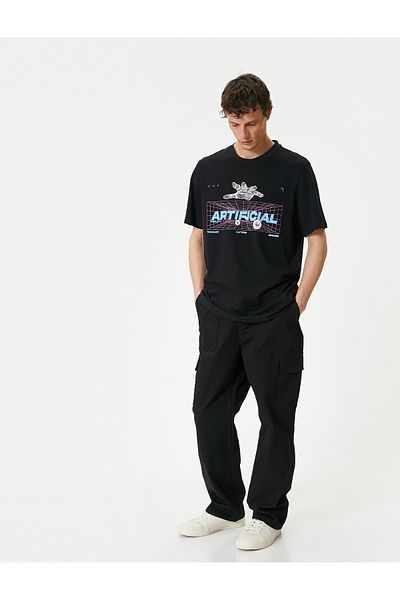 Koton Σλόγκαν εμπριμέ T-Shirt με λαιμόκοψη κοντό μανίκι βαμβακερό