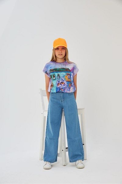 Hilal Akıncı Kids Girl's Patterned Oversize T-Shirt Wide Leg Blue Jeans