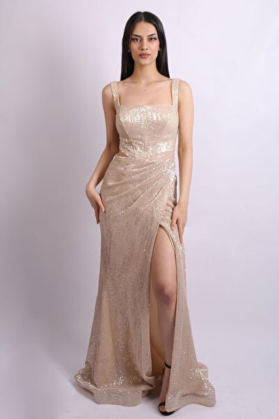 SpringStore Gold Askılı Pul Payet Abiye Elbise