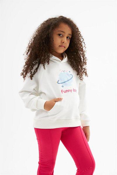 Hilal Akıncı Kids Girl's Design Printed White Sweatshirt Flared Leg 2 Piece Set