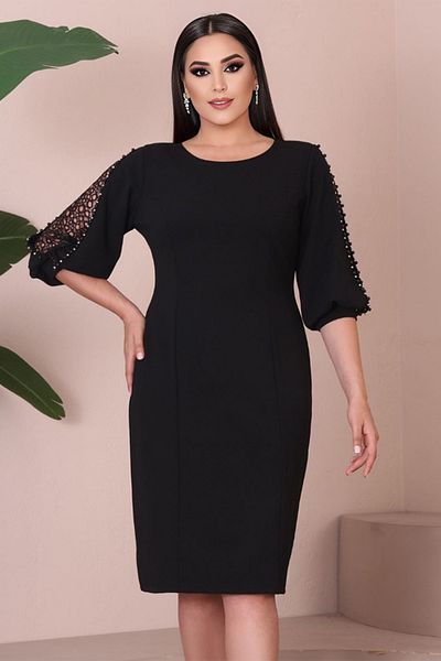 rotop Rochie eleganta de ocazie, decorata cu pietricele si dantela la maneci, culoare negru