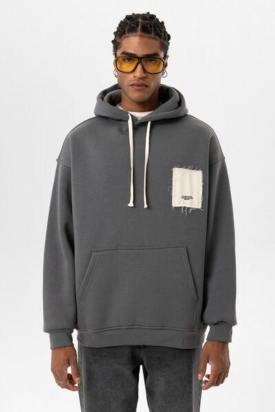 VAMOSCLO Etiket Detaylı Oversize Kapüşonlu Sweatshirt Füme