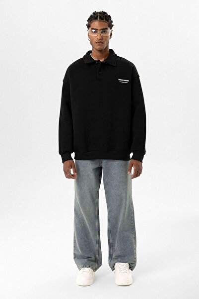 VAMOSCLO Polo Yaka Baskılı Oversize Sweatshirt Siyah