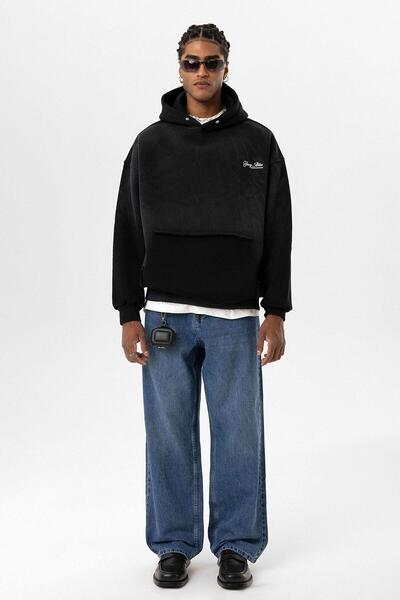 VAMOSCLO Yıkamalı Oversize Kapüşonlu Sweatshirt Siyah