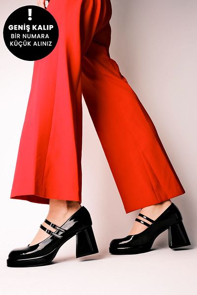 Lal Shoes & Bags Pantofi cu toc de epocă cu două curele pentru femei - Piele lacuită neagră