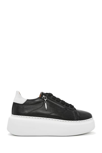 Derimod Women's Black Zippered Lace-Up Thick Sole Leather Sneaker 25Sfd 511118