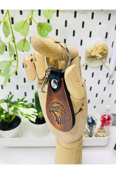 Atölyezümra Genuine Leather Printed Handmade Keychain (with Eagle Figure)