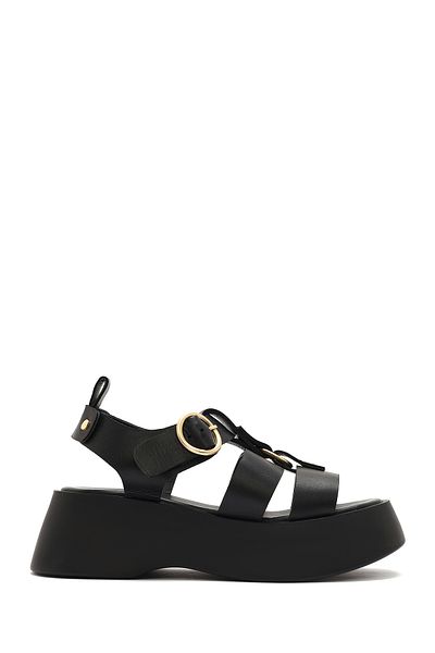 Derimod Women's Black Ankle Strap Thick Soled Leather Sandals 25Sfd 153018
