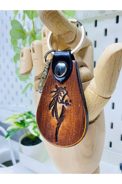 Atölyezümra Genuine Leather Printed Handmade Keychain (with Horse Figure)