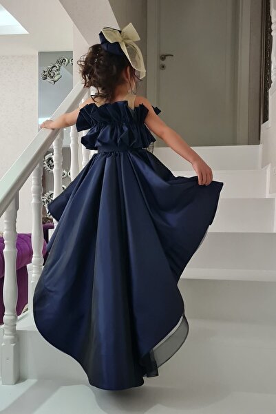 Shıne dresses Çocuk Genç Kuyruklu Tafta Lacivert Abiye Mezuniyet Elbisesi