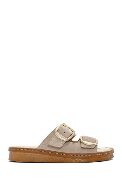 Derimod Women's Beige Buckle Suede Leather Comfort Slippers 25Sfd 340110