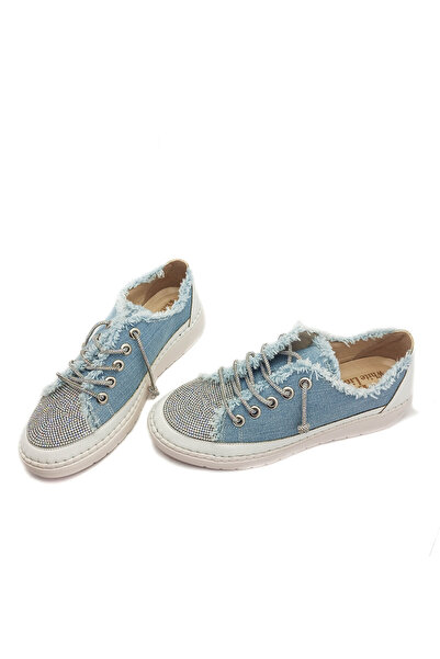 GDT Ayakkabı Mavi Renk Taşlı Düz Taban Kadın Kot Sneakers