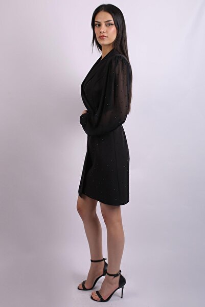 SpringStore Siyah Taş Baskılı Kemerli Abiye Elbise