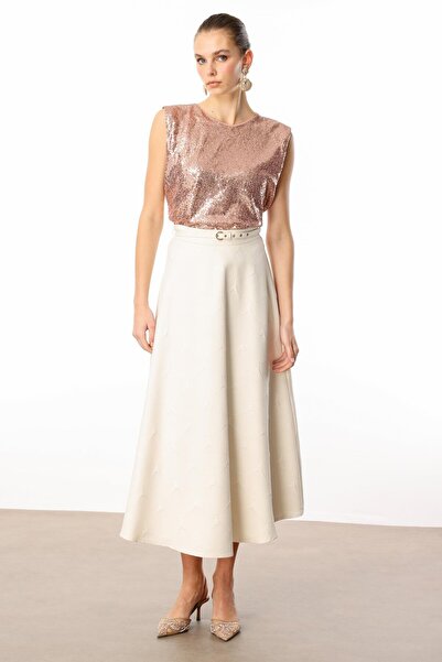 Moda İlgi Modailgi  Beli Kemerli Evaze Etek - 75208 Taş