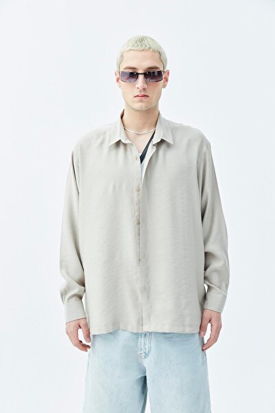 VAMOSCLO Basic Oversize Long Sleeve Modal Blended Shirt-beige