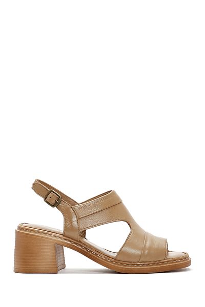 Derimod Women's Camel Ankle Strap Thick Heeled Leather Sandals 25Sfd 341018