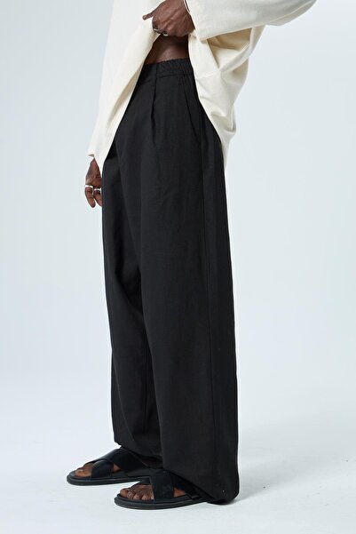 VAMOSCLO %100 Keten Baggy Pantolon Siyah