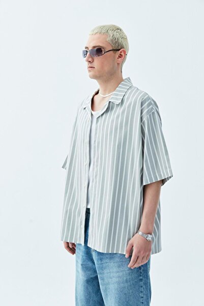 VAMOSCLO Πουκάμισο με κοντό μανίκι και χακί γραμμής oversized