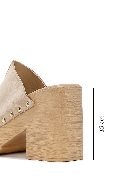 Derimod Women's Beige High Thick Heeled Suede Leather Slippers 25Sfd 150410