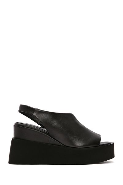 Derimod Women's Black Wedge Heeled Leather Sandals 25Sfd 200418