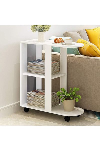 COOYA Modern Sofa Side Table, With Swivel Wheels, 3 Open  Storage Shelves, for Living Room, White