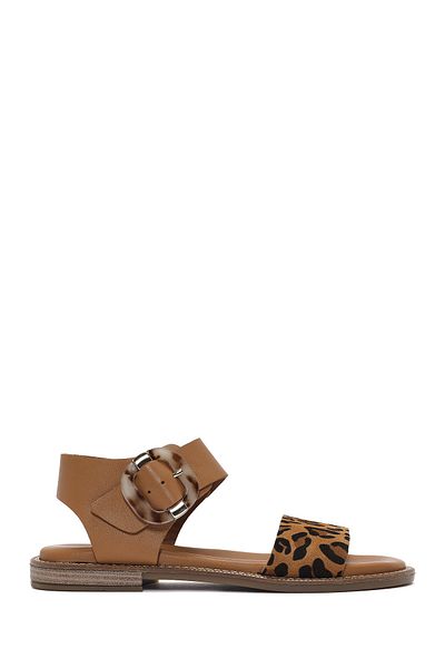 Derimod Women's Tan Buckle Leopard Patterned Leather Sandals 25Sfd 201114