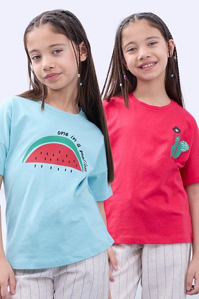 Perendi Pachet de 2 tricou cu mânecă scurtă imprimat unisex pentru copii albastru-deschis-roșu