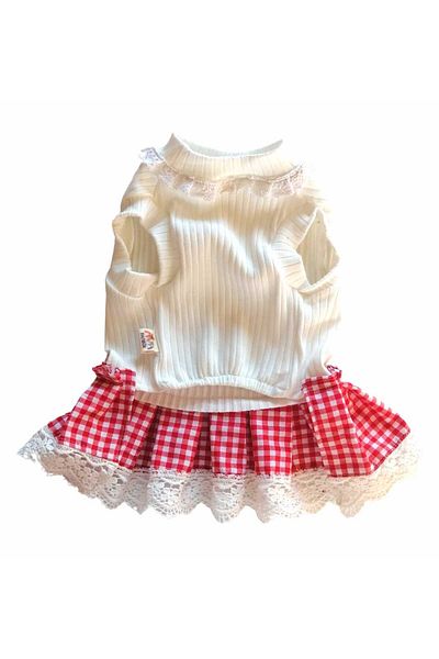 PATİBÖR Red and White Dog Outfit with Lace Detailed Skirt