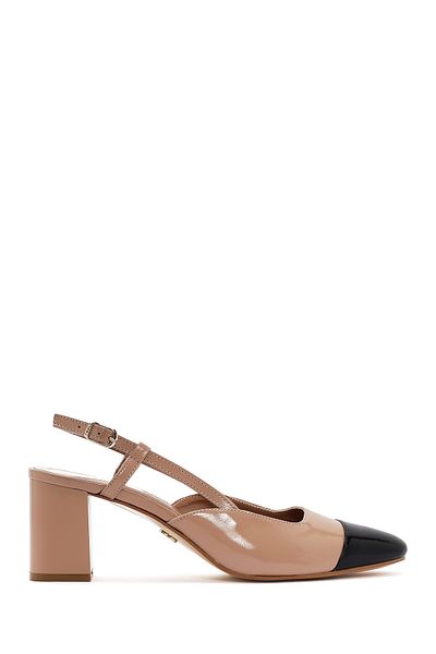 Derimod Women's Beige Open Back Thick Heeled Leather Shoes 25Sfd 160116