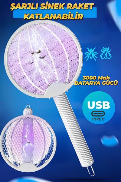 Uniquem USB Şarjlı Uv Işıklı Elektrikli Sivrisinek Öldürücü Raket Katlanabili...