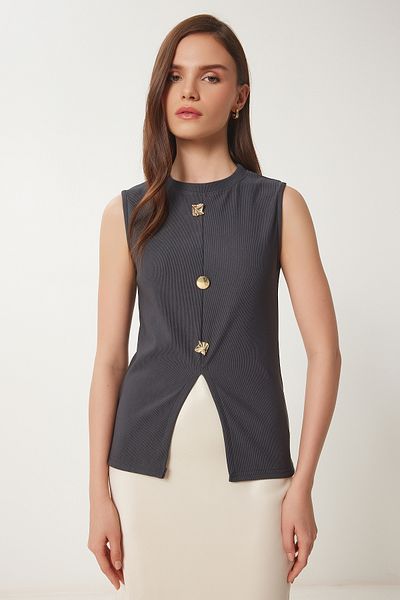 Lovelyİstanbul Gold Buttoned Ribbed Knitted Blouse Anthracite Lzv0007