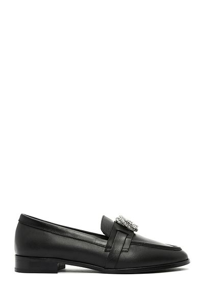 Derimod Women's Black Buckle Leather Masculine Loafer 25Sfd 182418