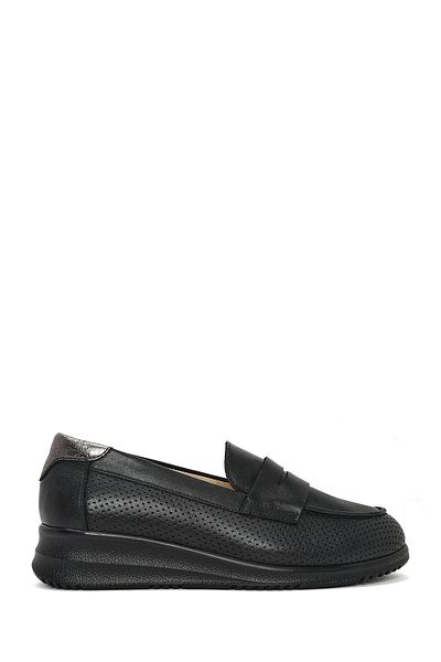 Derimod Women's Black Wedge Heeled Leather Comfort Loafer 25Sfd 411318