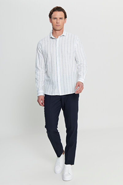 ALTINYILDIZ CLASSICS Men's White-Navy Blue Cotton Linen Comfort Fit Relaxed Fit Hidden Button Collar Striped Shirt